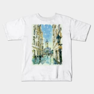 Side View of the Old Town City Hall Prague Watercolor Streetscape Kids T-Shirt